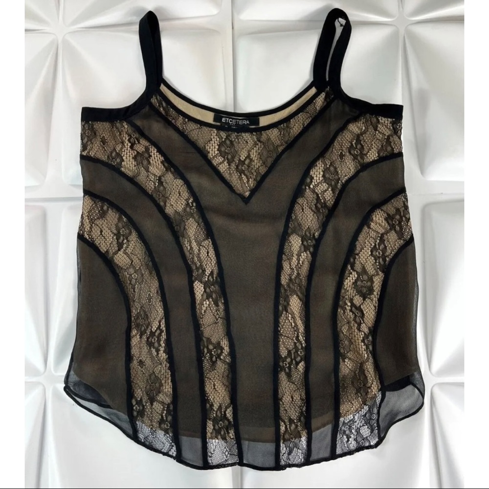 Etcetera Sz 2 Black 100% Silk Lace Chiffon Overlay Tank Top Cami Blouse